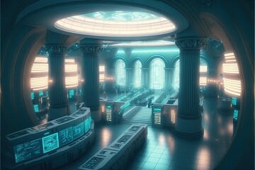 Fototapete - The futuristic financial trading floor. futuristic bureau. trading building. Generative AI