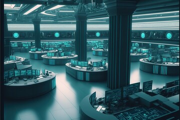 Fototapete - The futuristic financial trading floor. futuristic bureau. trading building. Generative AI