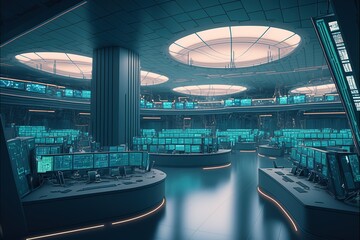 Fototapete - The futuristic financial trading floor. futuristic bureau. trading building. Generative AI