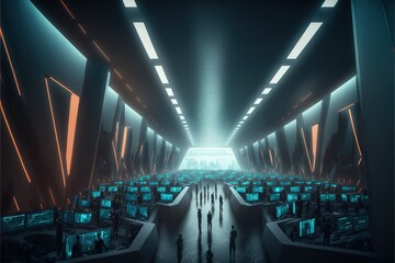 Fototapete - The futuristic financial trading floor. futuristic bureau. trading building. Generative AI
