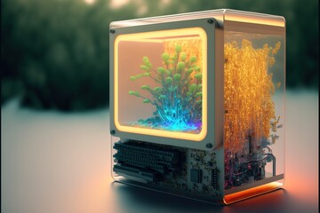 Poster - Hologram personal Quantum desktop computer fluid technology. hologram artificial intelligence screen. Generative AI