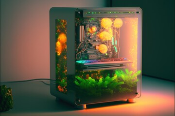 Poster - Hologram personal Quantum desktop computer fluid technology. hologram artificial intelligence screen. Generative AI