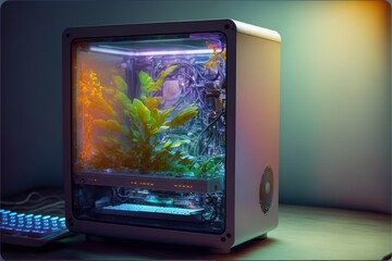 Poster - Hologram personal Quantum desktop computer fluid technology. hologram artificial intelligence screen. Generative AI