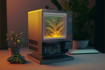 Poster - Hologram personal Quantum desktop computer fluid technology. hologram artificial intelligence screen. Generative AI