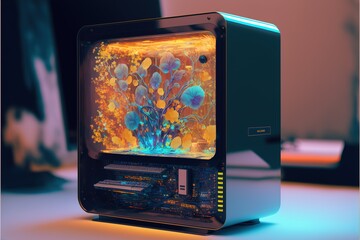 Poster - Hologram personal Quantum desktop computer fluid technology. hologram artificial intelligence screen. Generative AI
