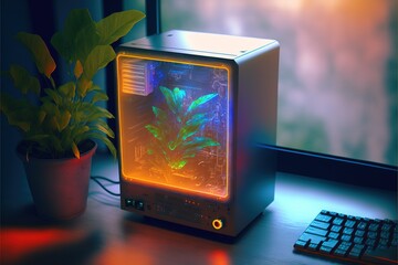Poster - Hologram personal Quantum desktop computer fluid technology. hologram artificial intelligence screen. Generative AI