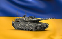 Leopard Tank From Europe Union Partner To Ukraine Army Counteroffensive Protection From Russia In National Camouflage Army Colour On Flag Background Isometric Left Side View 3d Rendering Image
