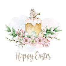 Watercolor Illustration Card With Easter Cake, Bird, Flowers, Leaves. Isolated On White Background. Hand Drawn Clipart. Perfect For Card, Postcard, Tags, Invitation, Printing, Wrapping.