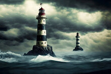Lonely Lighthouses Standing In Open Sea Against Gloomy Cloudy Sky