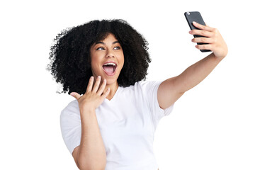 An attractive young woman using a smartphone to take selfies isolated on a PNG background.