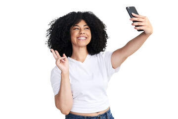 Wall Mural - An attractive young woman using a smartphone to take selfies isolated on a PNG background.