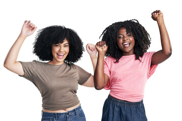 png studio shot of two young women cheering.