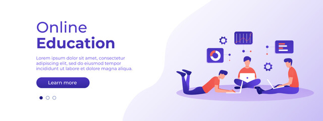 Online education concept. Vector layout for website page. Illustration in flat style with people studying remotely. Students learning online at home. Vector illustration EPS 10