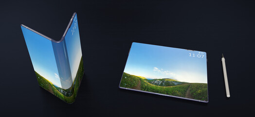 Foldable smartphone modern design. Phone that unfolded as tablet PC. Telephone and tablet hybrid. 3d illustration.