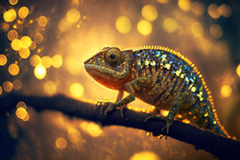 Golden Chameleon With Glitter And Bokeh. Generative Ai. 
