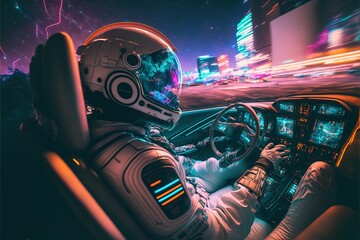 Poster - Astronaut in the cyber car in the cyber city cyberpunk with Neon RGB light effects. cyber car. astronaut in the car. supercar. Astronaut. Generative AI