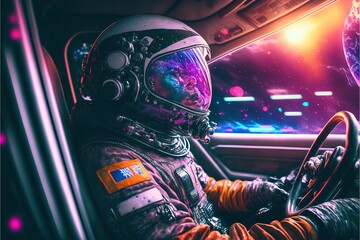 Poster - Astronaut in the cyber car in the cyber city cyberpunk with Neon RGB light effects. cyber car. astronaut in the car. supercar. Astronaut. Generative AI