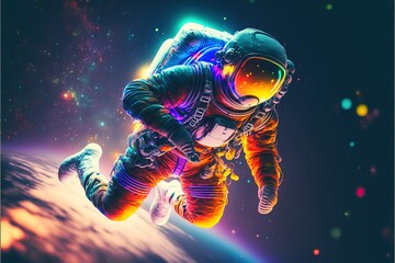 Poster - Astronaut in the sky diving in the universe with neon RGB light effect. Astronaut in space. space suit. Universe colors. suit. Generative AI