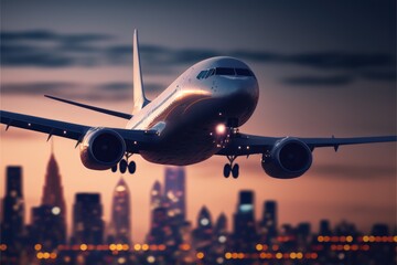 Wall Mural - airplane landing at sunset made with generative ai