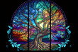 beautiful stained glass tree with colorful magical fantasy leaves, Generative AI