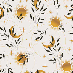 Wall Mural - Magic seamless vector pattern with plants, stars, crescent and sun. Boho pattern for astrology, textiles, wrapping paper, design.