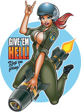 Vector Illustration Pinup Style Attractive Military Young Woman Riding A Missile