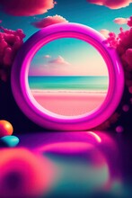 Surreal Tropical Ocean View Through A Vibrant Pink Circular Window By The Beach At Sunrise, Generative Ai