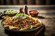 Nachos are a Mexican culinary dish consisting of fried tortilla chips covered with melted cheese, as well as a variety of other toppings and garnishes. Created with generative AI.