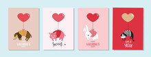 Cute Animal With Valentine's Day Balloon.February 14. Design With Cute Animal.love, Couple, Heart, Valentine,Vector Illustrations.
