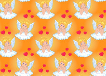 Cute Angel On The Cloud. Cupid. Pattern On Orange Yellow Background