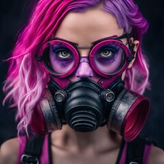 woman with a gasmask and pink hair in the smoke, fictional person made with generative ai