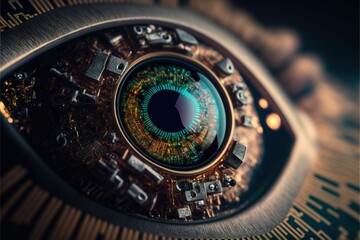 Eye on circuit board and microchips closeup generative ai 