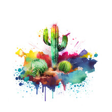Abstract Watercolor Cactus, Mexican Cacti, Cute Succulent, Generative AI Illustration