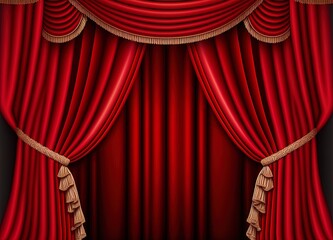 Red theatrical drapery luxury window drapes hanging velvet fabric with folds decorative cover design flowing texture high-end accent Generative AI
