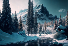 Winter Wonderland Scenery With Pine Trees, Small River And Snow 