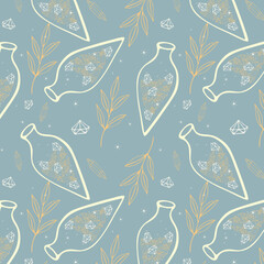  Pattern potion crystals magic bottle witchcraft magic, doodle boho style, pastel colors. Vector illustration