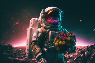 Poster - Astronaut with roses and gift with RGB neon light effects. Generative AI
