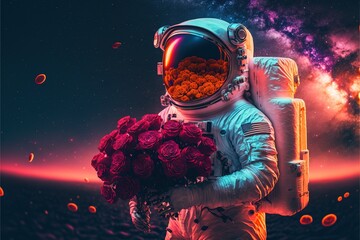 Poster - Astronaut on valentine day with roses and gift with RGB neon light effects. Valentine's day. love. Astronaut in the garden. roses. Generative AI