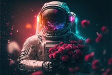 Astronaut On Valentine Day With Roses And Gift With RGB Neon Light Effects. Valentine's Day. Love. Astronaut In The Garden. Roses. Generative AI