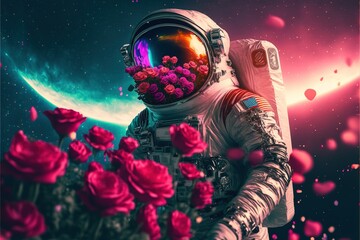 Poster - Astronaut on valentine day with roses and gift with RGB neon light effects. Valentine's day. love. Astronaut in the garden. roses. Generative AI