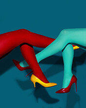 Contemporary Art Collage. Female Legs In Colorful Tights And Heeled Shoes Over Dark Blue Background. Pop Art Photography. Vivid Colors. Concept Of Creativity, Imagination, Artwork, Lgbt, Fun.