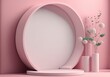 3D podium display, pastel pink background with rose flowers.  Minimal pedestal for beauty, cosmetic product. Valentine, feminine copy space template. AI generated.