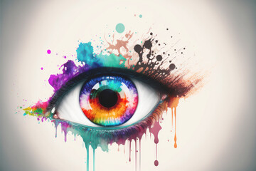 Wall Mural - Close up of a colorful female eye on white background. Rainbow colors paint drops from eyelashes, fashion, make up. AI generative