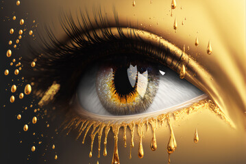Wall Mural - Close up of a golden female green eye. Gold skin and golden paint drops from eyelashes, fashion, make up. AI generative