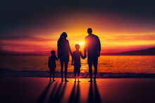 Mother, Father And Children Watching The Sunset In Beach Shore. Family And Vacation Concept. Generative Ai