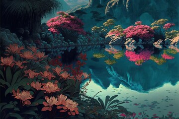 Wall Mural - 4K resolution or higher, Tropical flower garden. Generative AI Technology