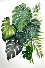 Poster - 4K resolution or higher, water color painting of jungle leaves. Generative AI Technology