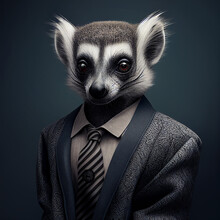 Portrait Of A Ring-tailed Lemur In A Suit And Tie. Created By AI