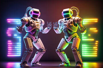 Two white robots dancing on a black background and neon lights. Generative AI