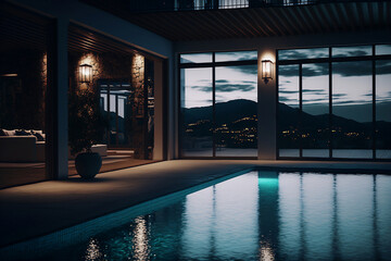 Wall Mural - luxurious swimming pool in a spa hotel with large windows and a beautiful view at night